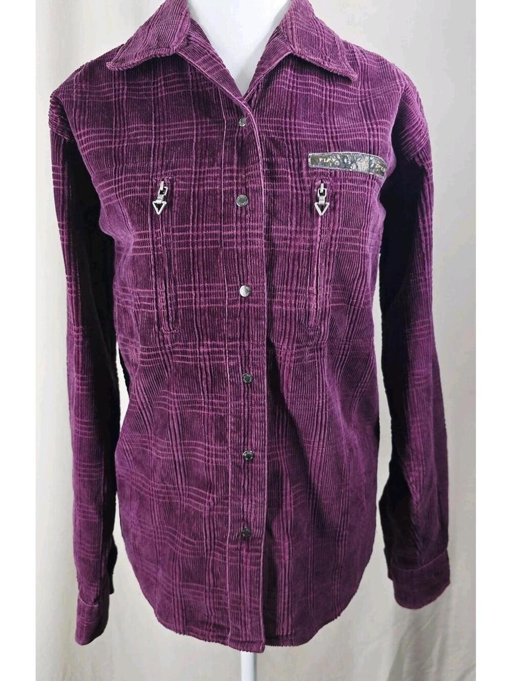 Harley Davidson Womens Corduroy Plaid Button Up Shirt M Maroon Pocket Faded Patc